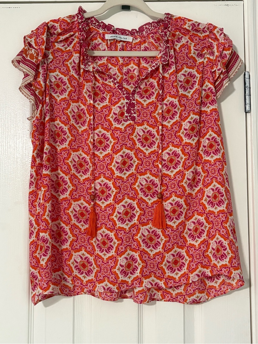 Rose & Olive Pink and Orange Tassel Flutter Sleeve Blouse